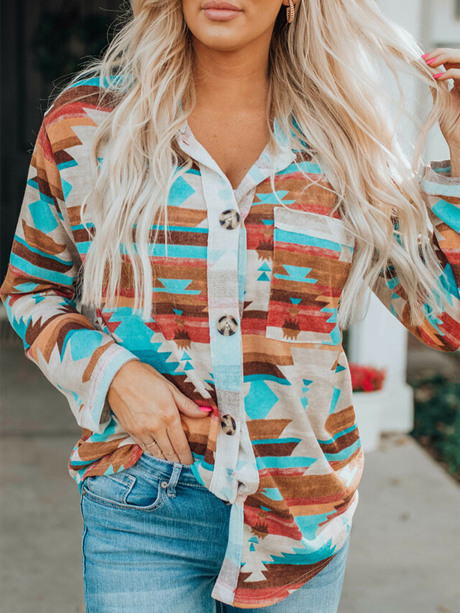 Multicolor Aztec Print Buttoned Pocket Chest Long Sleeve Shirt