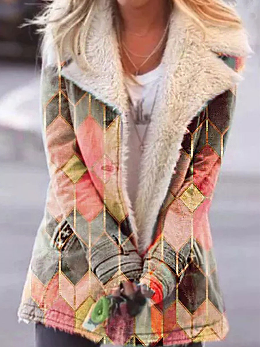 Lapels Printed Single breasted Long sleeve Fleece Coat
