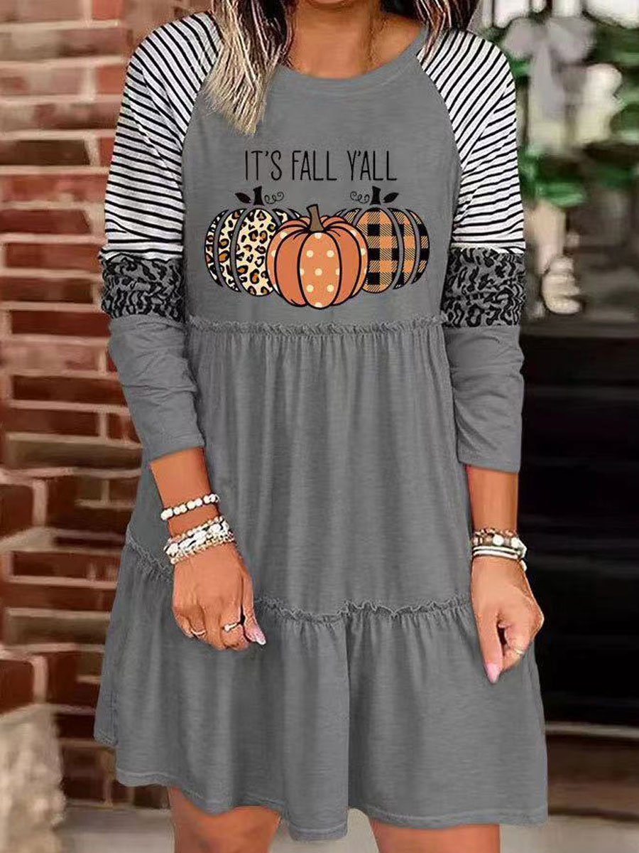 Pumpkin Leopard Print Long Sleeve Paneled Midi Dress