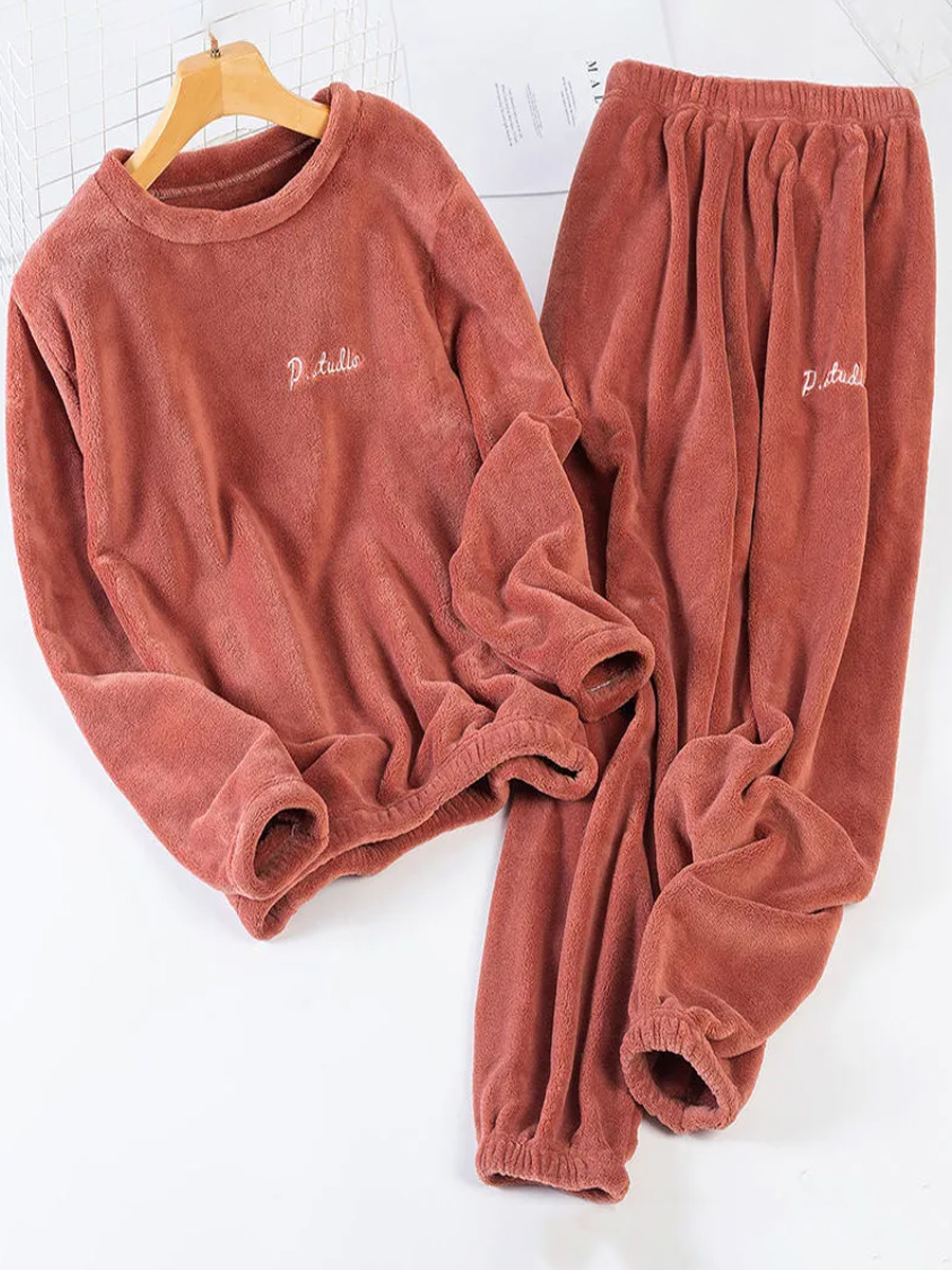 Pure Color Coral Fleece Home Two piece Suit