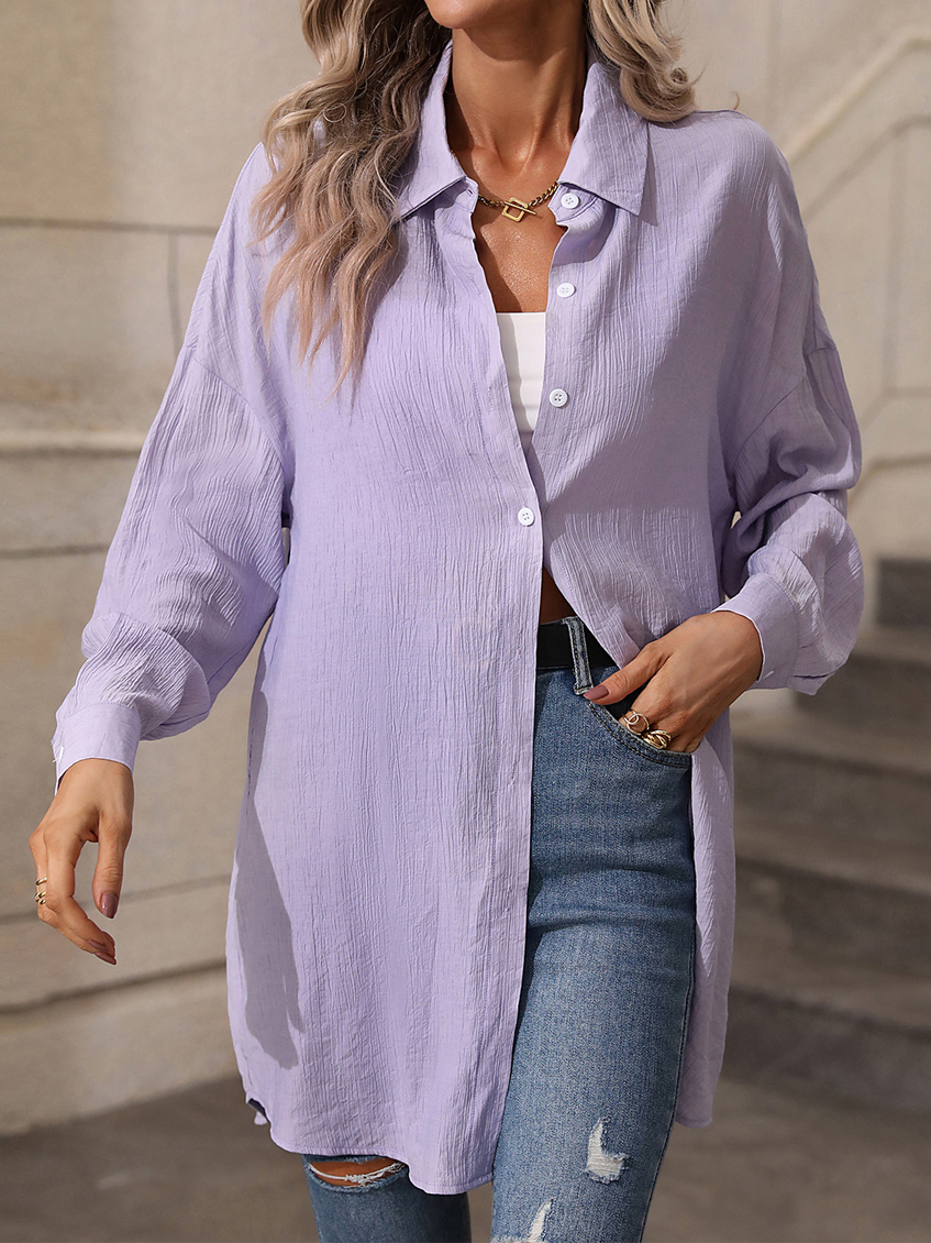 Casual Loose Solid Color Lapel Long Sleeve Shirt