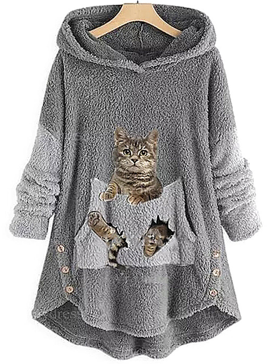 Casual Oversized Cat Print Chic Hooded Sherpa Coat