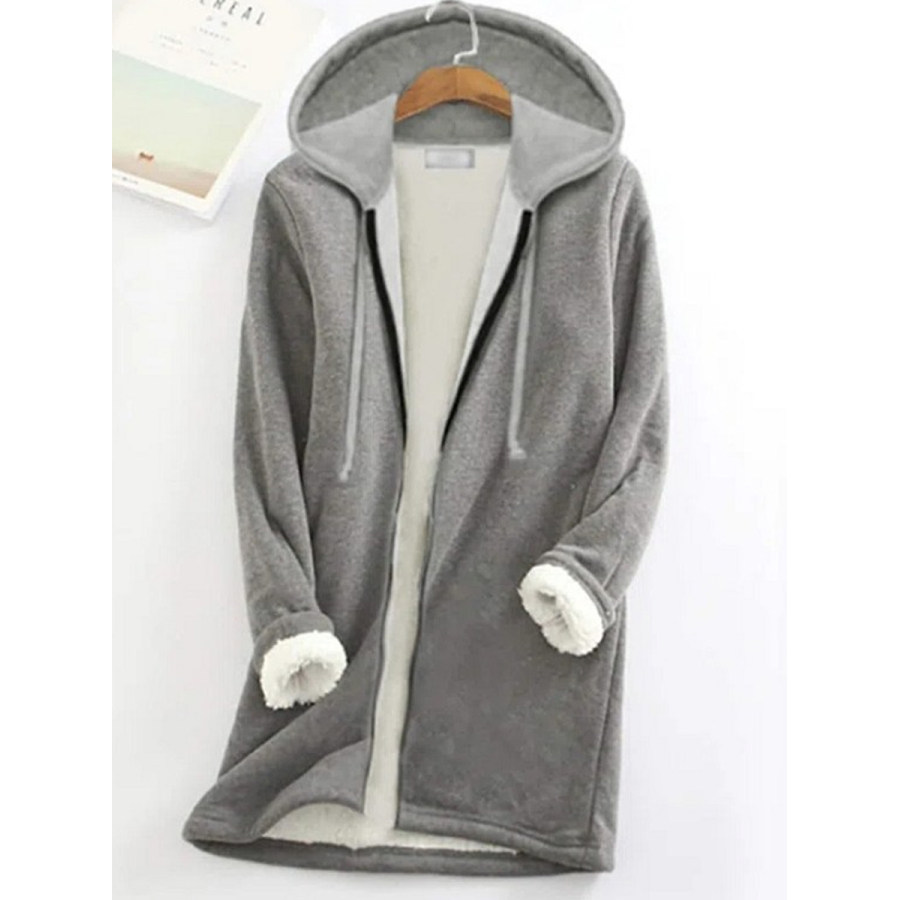 

Casual Solid Color Warm Plush Hooded Jacket