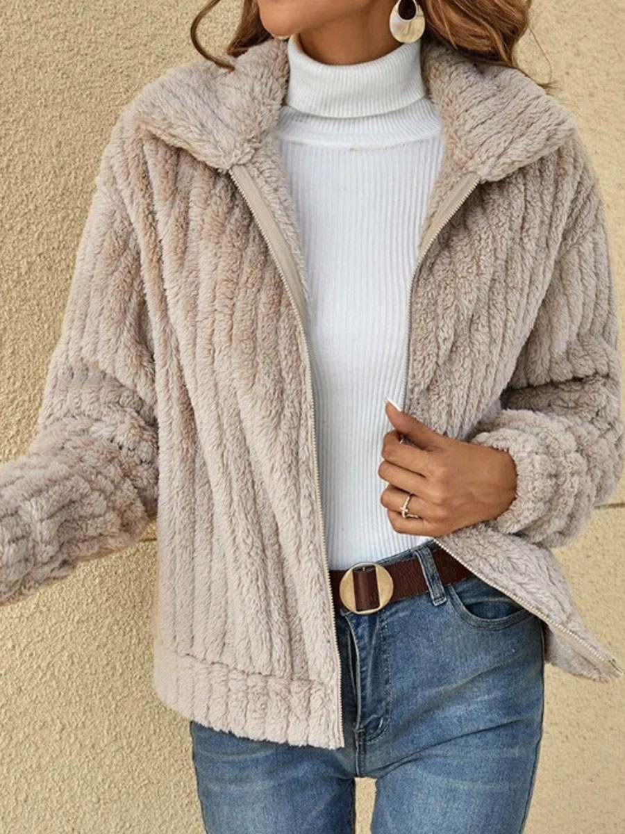 Casual Loose Solid Sherpa Chic Zip-up Coat