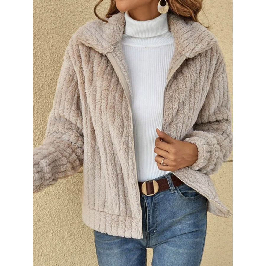 

Casual Loose Solid Sherpa Zip-Up Coat