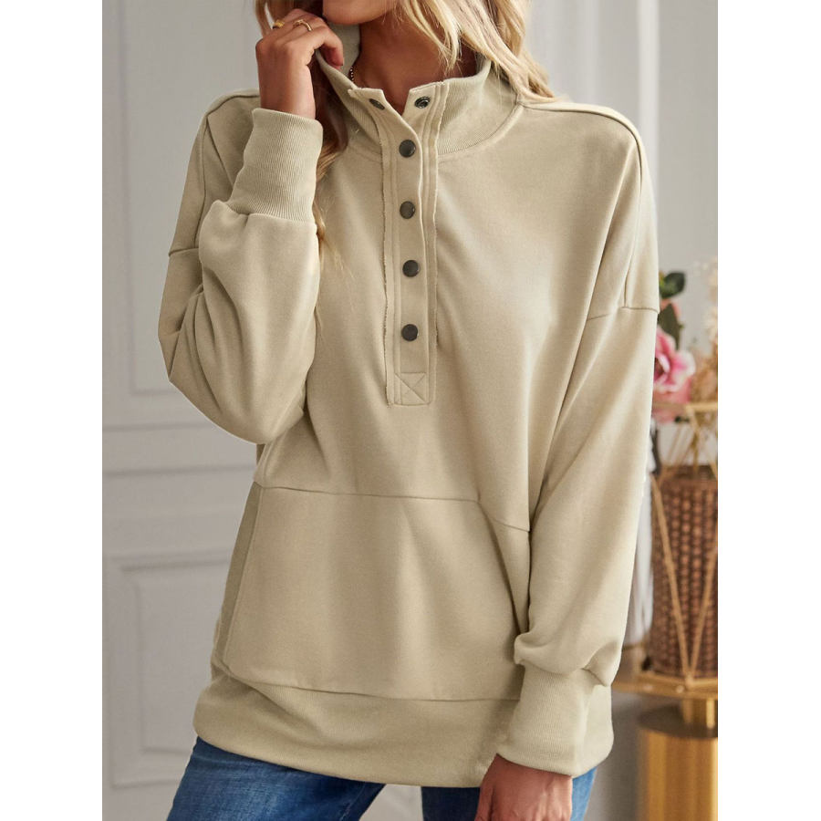 

Casual Loose Solid Color Stitching Turtleneck Button Sweatshirt