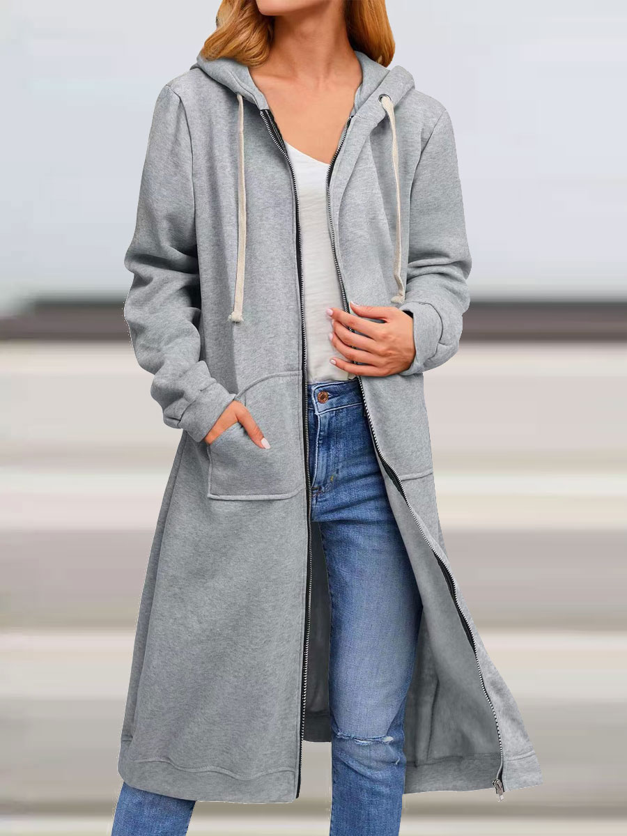 Casual Loose Solid Color Zip Cardigan Hooded Fleece Coat