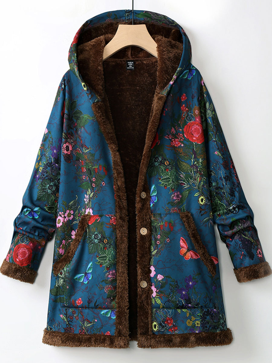 Casual Loose Cashmere Thickened Chic Floral Print Hooded Coat