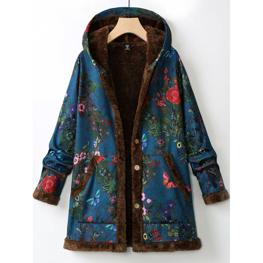 

Casual Loose Cashmere Thickened Floral Print Hooded Coat