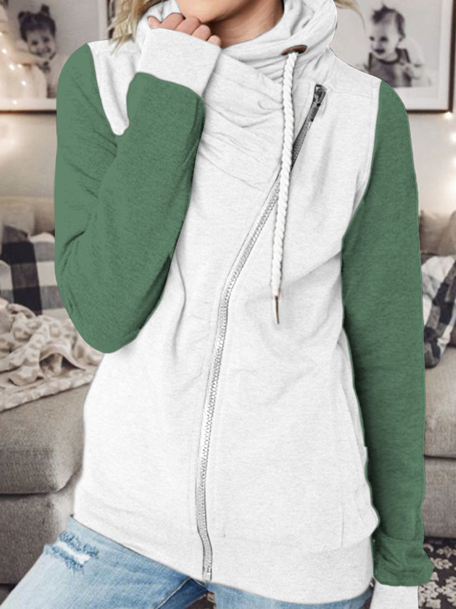 Casual Colorblock Turtleneck Zip Thermal Hooded Sweater Jacket