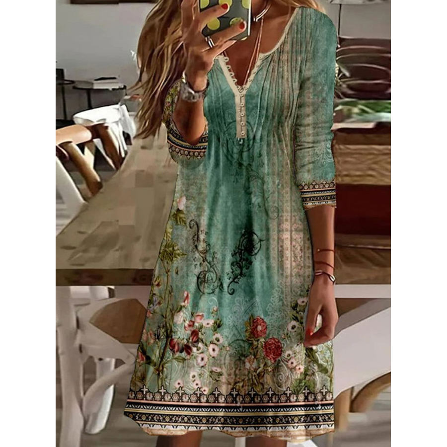

Round Neck Casual Loose Vintage Print Long Sleeve Short Dress