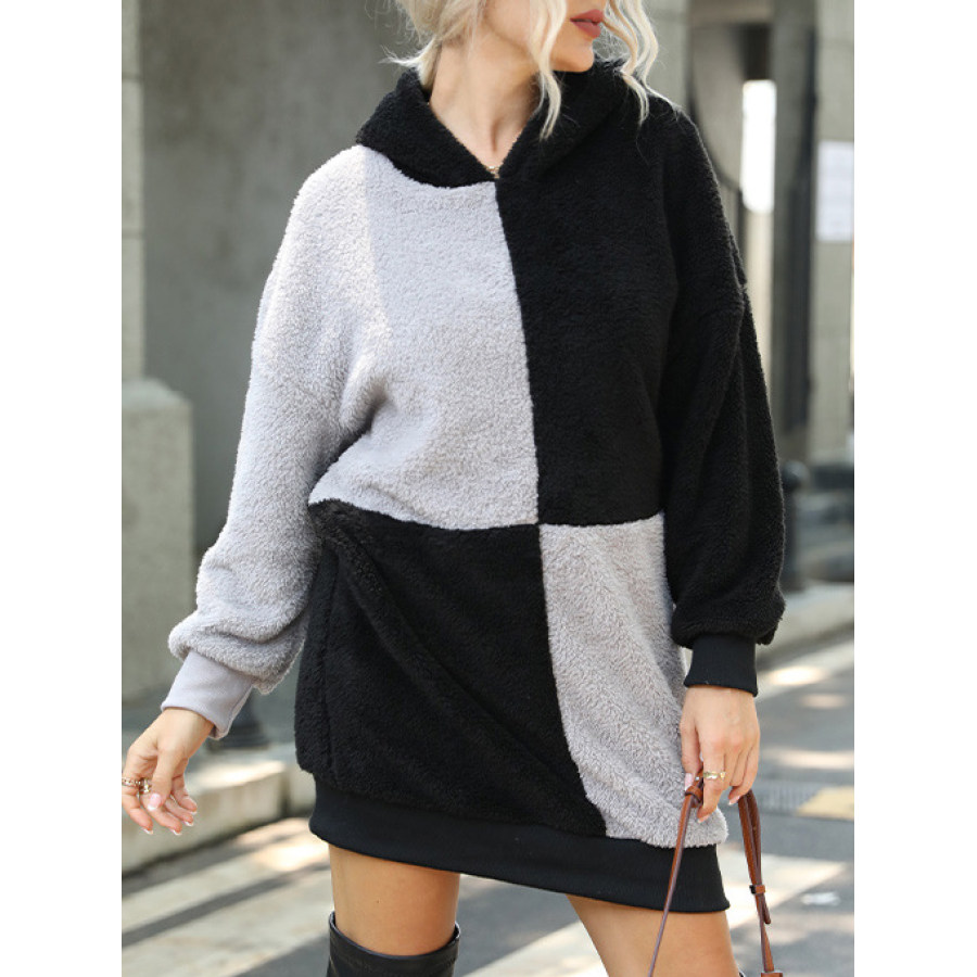 

Casual Colorblock Plush Warm Long Sleeve Hooded Short Dress