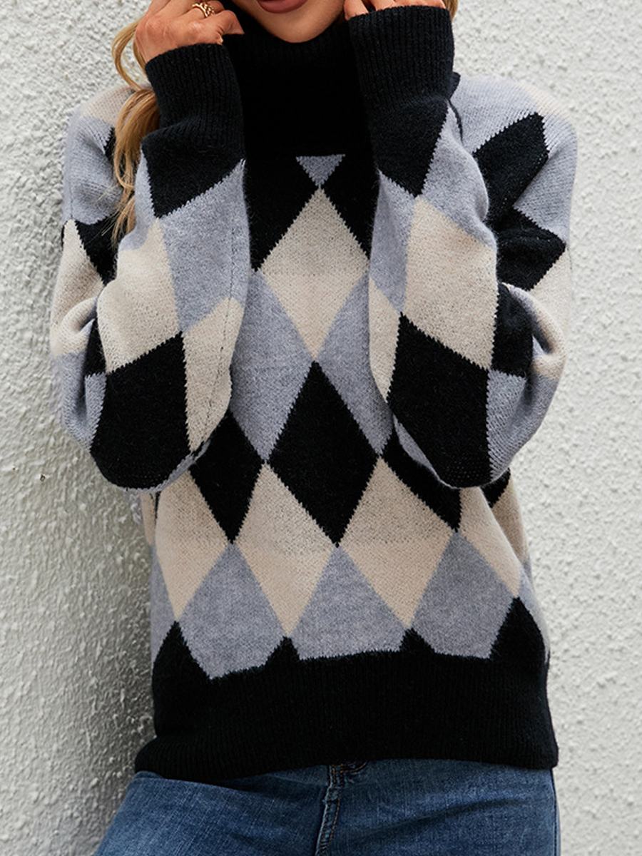 Fashion Vintage Check Turtleneck Long Sleeve Sweater