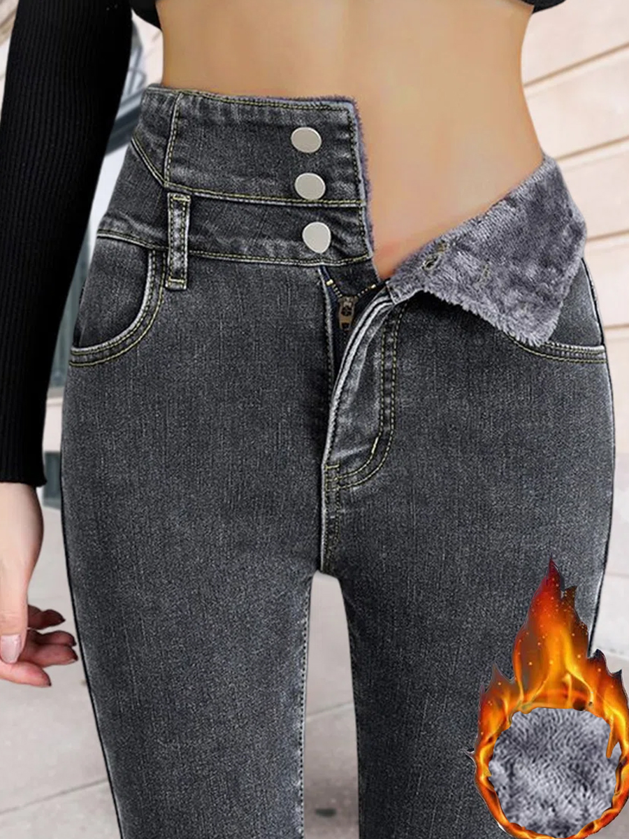 Fluff/granular Fleece Fabric Casual Chic Tight Jeans