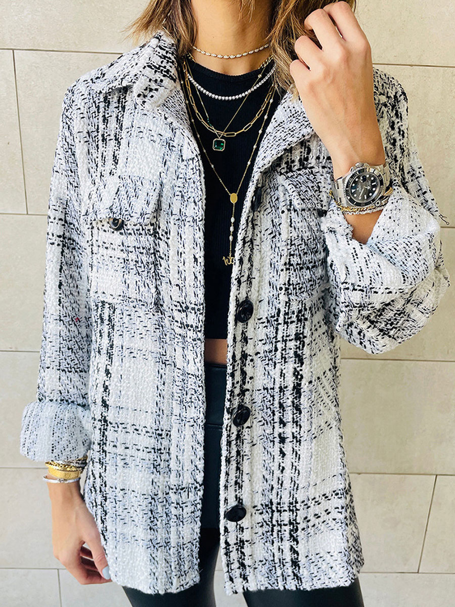 Check Lapel Loose Button Long Sleeve Cardigan Jacket