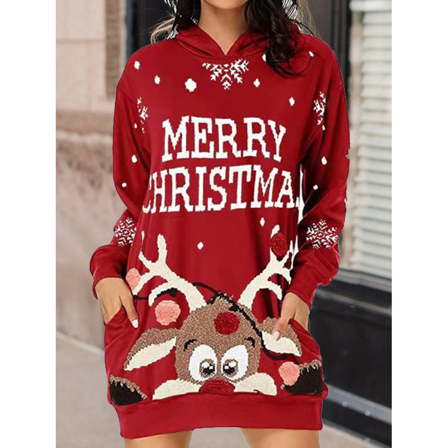 

Fashion Christmas Print Long Sleeve Pocket Hooded Short Dress