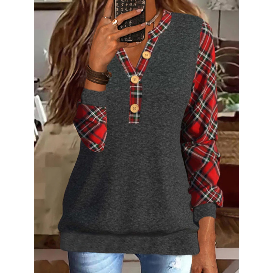 

Casual Check Panel V-Neck Long Sleeve Sweatshirt
