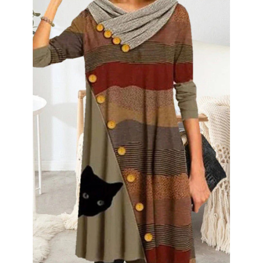 

Casual Vintage Cat Print Long Sleeve Short Dress