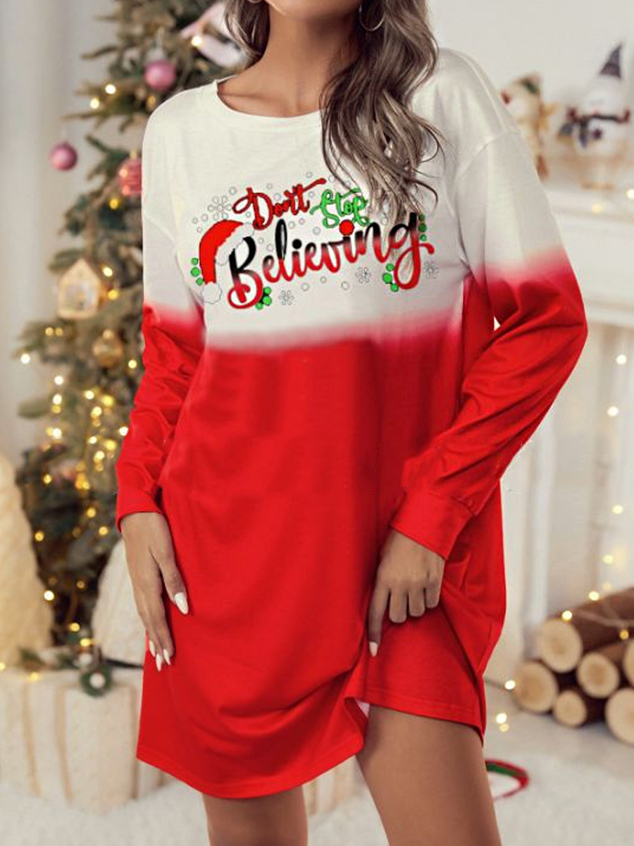 Casual Christmas Print Long Sleeve Short Dress