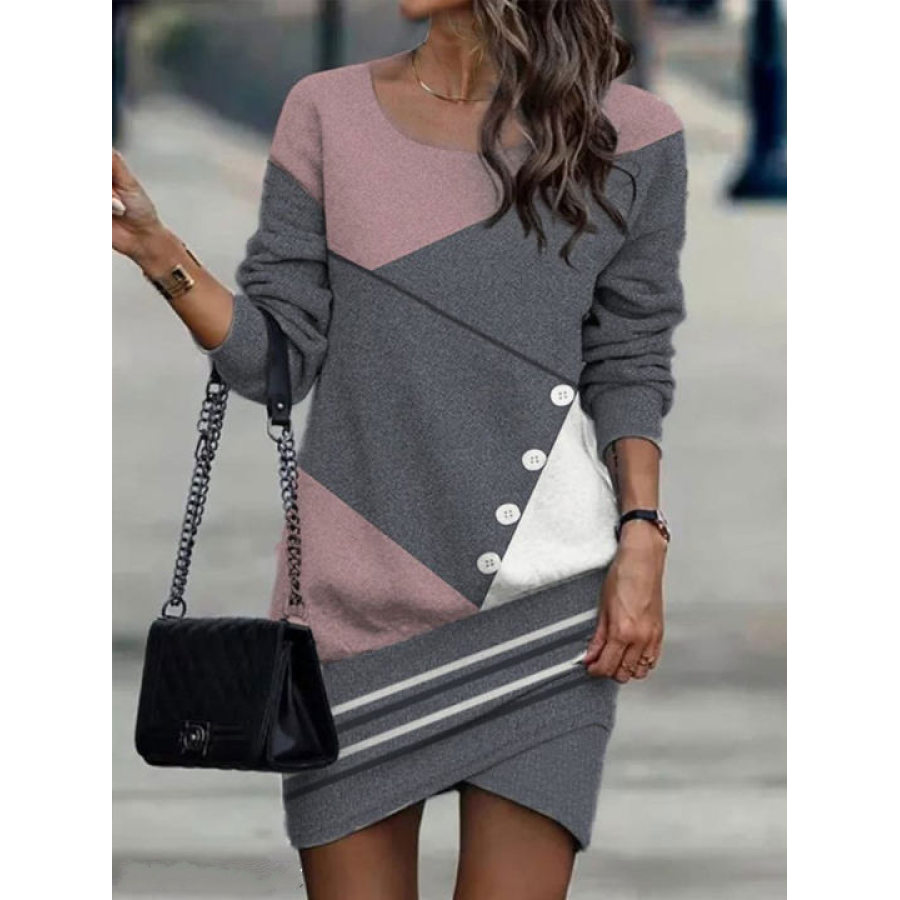 

Round Neck Casual Color Block Panel Long Sleeve Short Dress