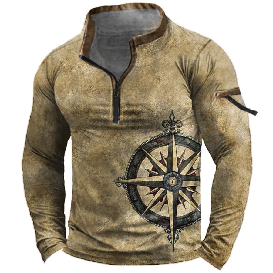 

Men's Vintage Compass Print Patchwork Zip Pocket Tactical T-Shirt