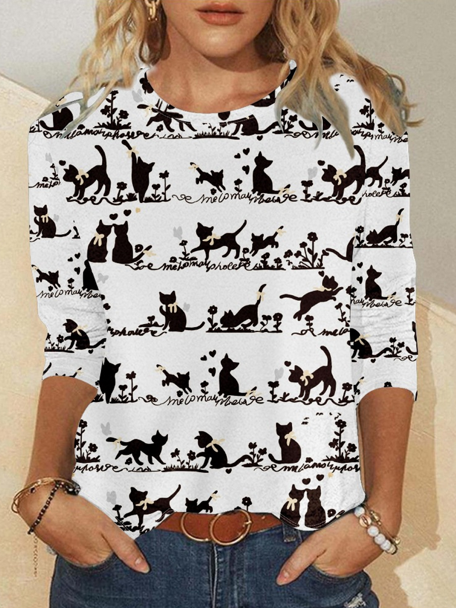 Casual Cat Print Round Neck Chic Long Sleeve T-shirt