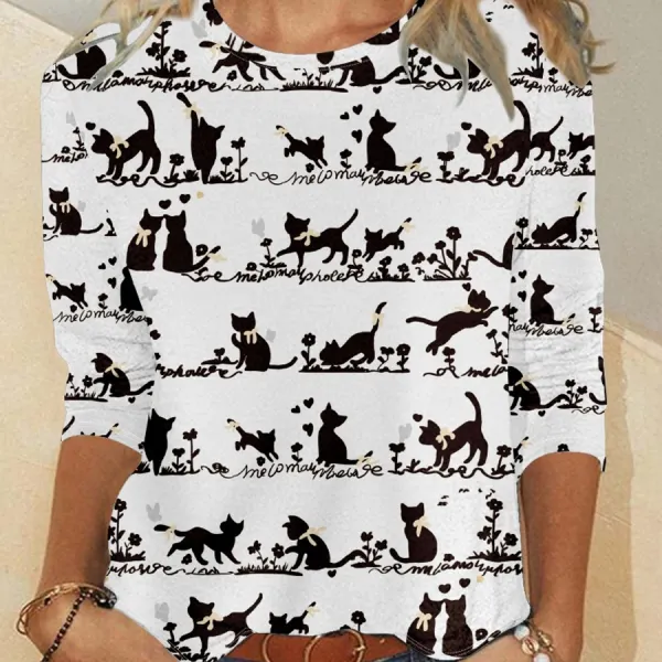Casual Cat Print Round Neck Long Sleeve T-Shirt - Kalesafe.com 