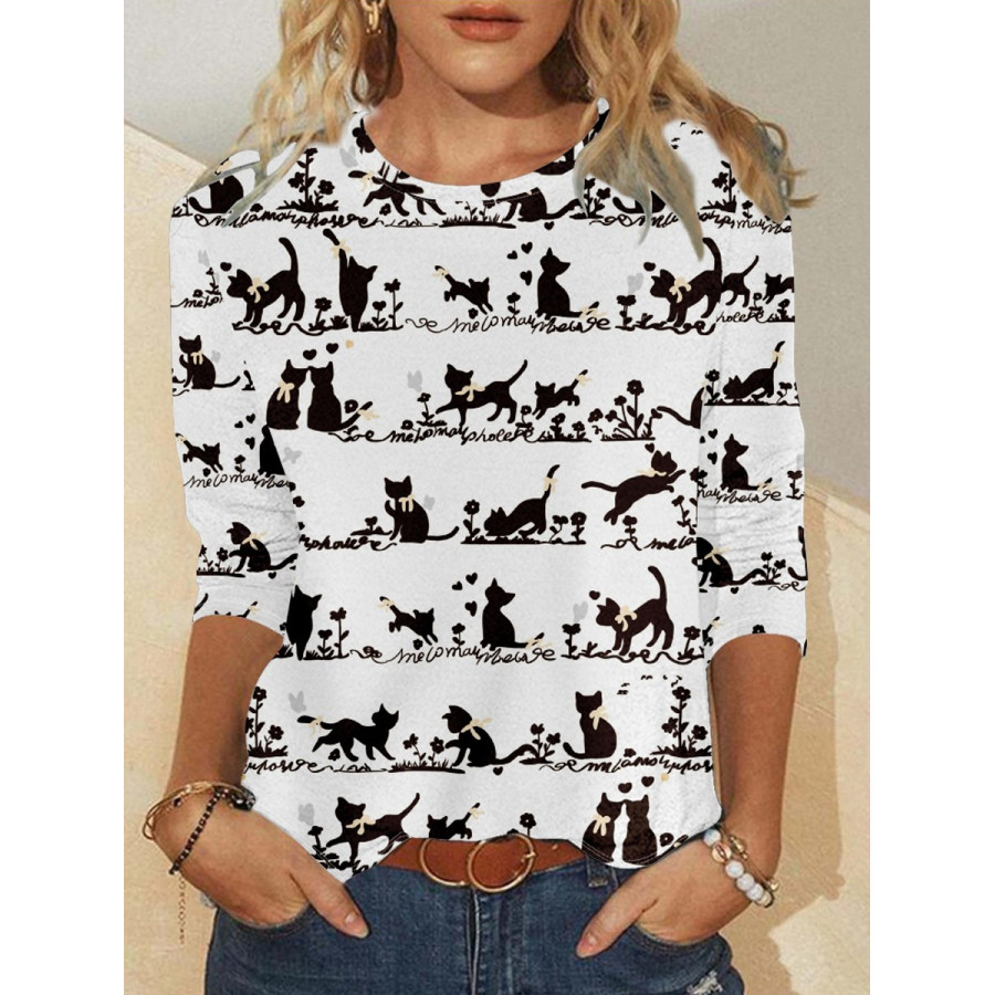 

Lässiges Langarm-T-Shirt Mit Rundhalsausschnitt Und Katzen-Print