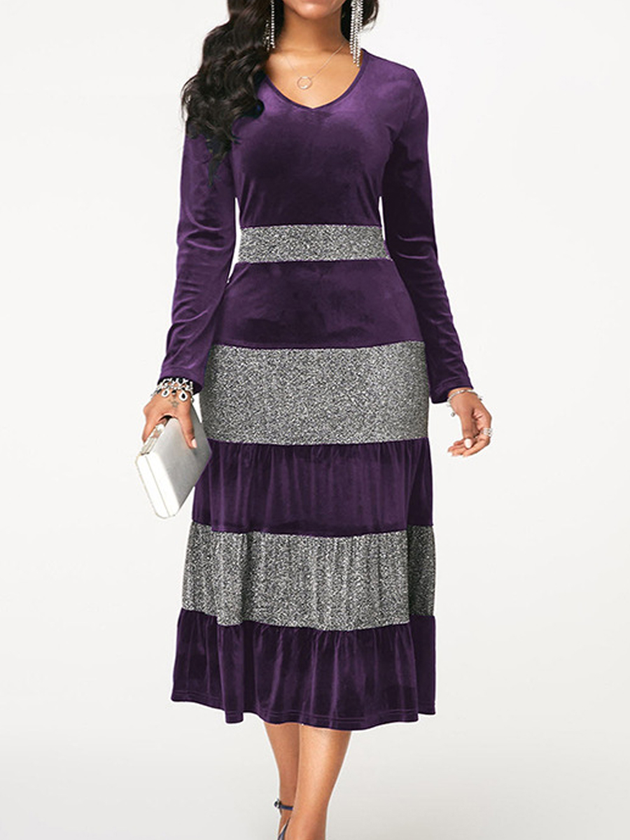 Casual Solid Color Velvet Chic Stitching V-neck Long-sleeved Midi Dress