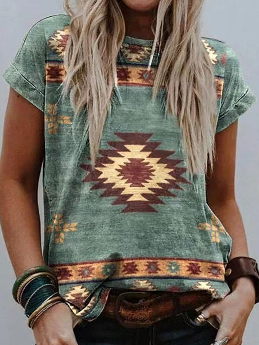 Round Neck Casual Loose Retro Print Short sleeved T shirt