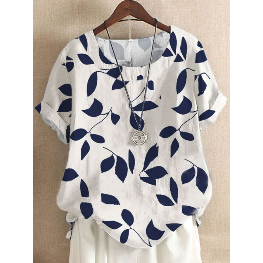 

Round Neck Loose Casual Leaf Print Short-sleeved Blouse