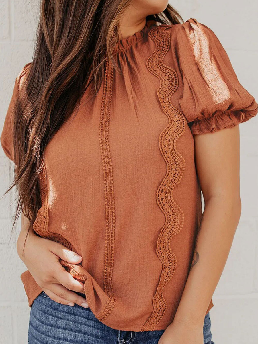 Casual Loose Lace Stitching Short sleeved Blouse