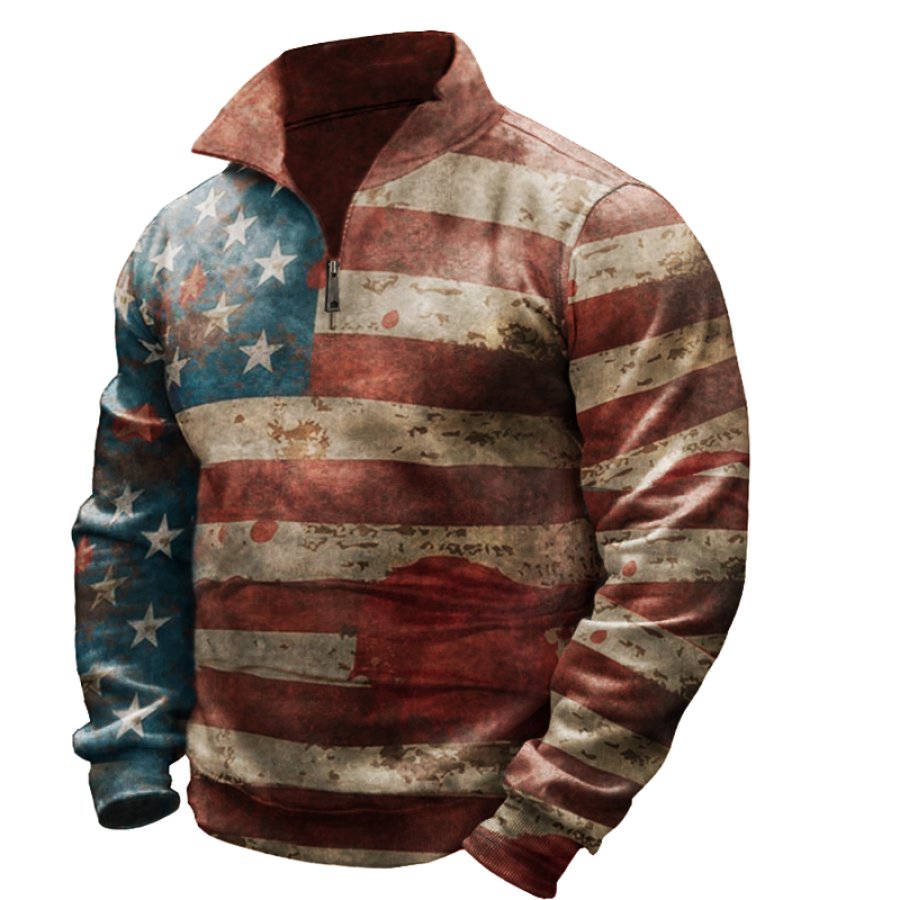 

Men's American Flag Vintage Print Quarter Zip Neck Sweatshirt