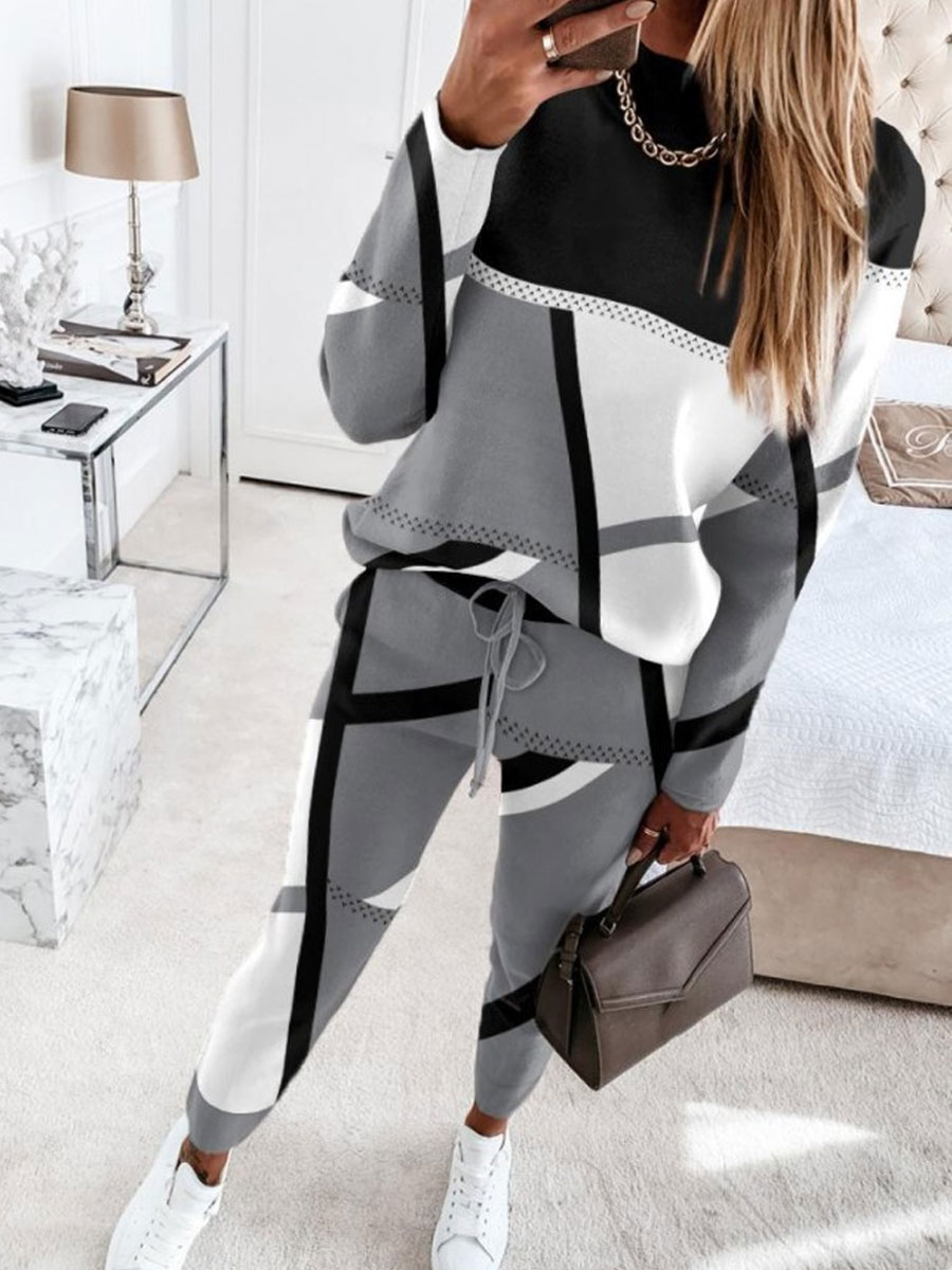 Casual Loose Geometric Print Sweatshirt Suit