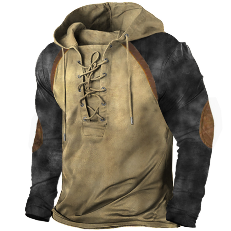 

Men's Vintage Contrast Print Lace-Up Hooded Long Sleeve T-Shirt
