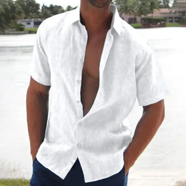 Summer Lapel Solid Color Short Sleeve Men's Linen Blouse - Menilyshop.com 
