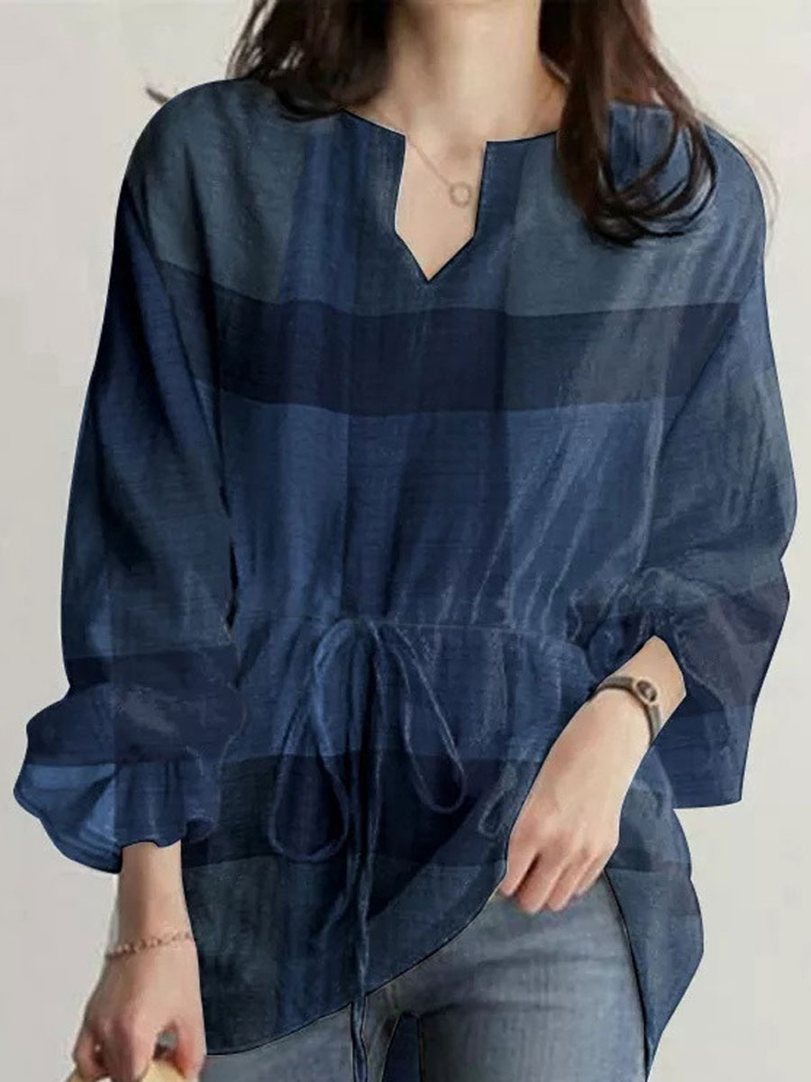 V neck Casual Loose Plaid Print Long sleeved Blouse