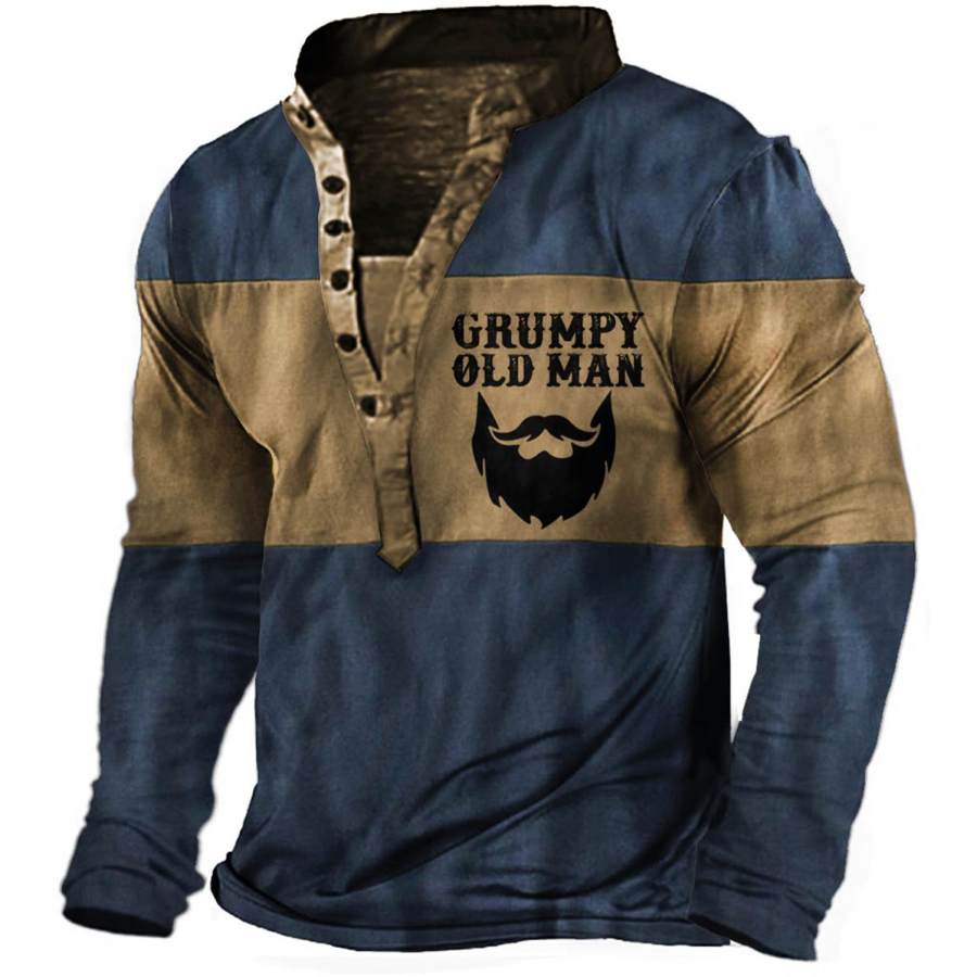 

Men's Vintage Grumpy Old Man Beard Colorblock Henley Long Sleeve T-Shirt