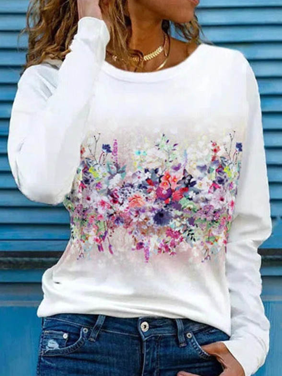 Long Sleeves Floral Printed Crew Neck T shirt