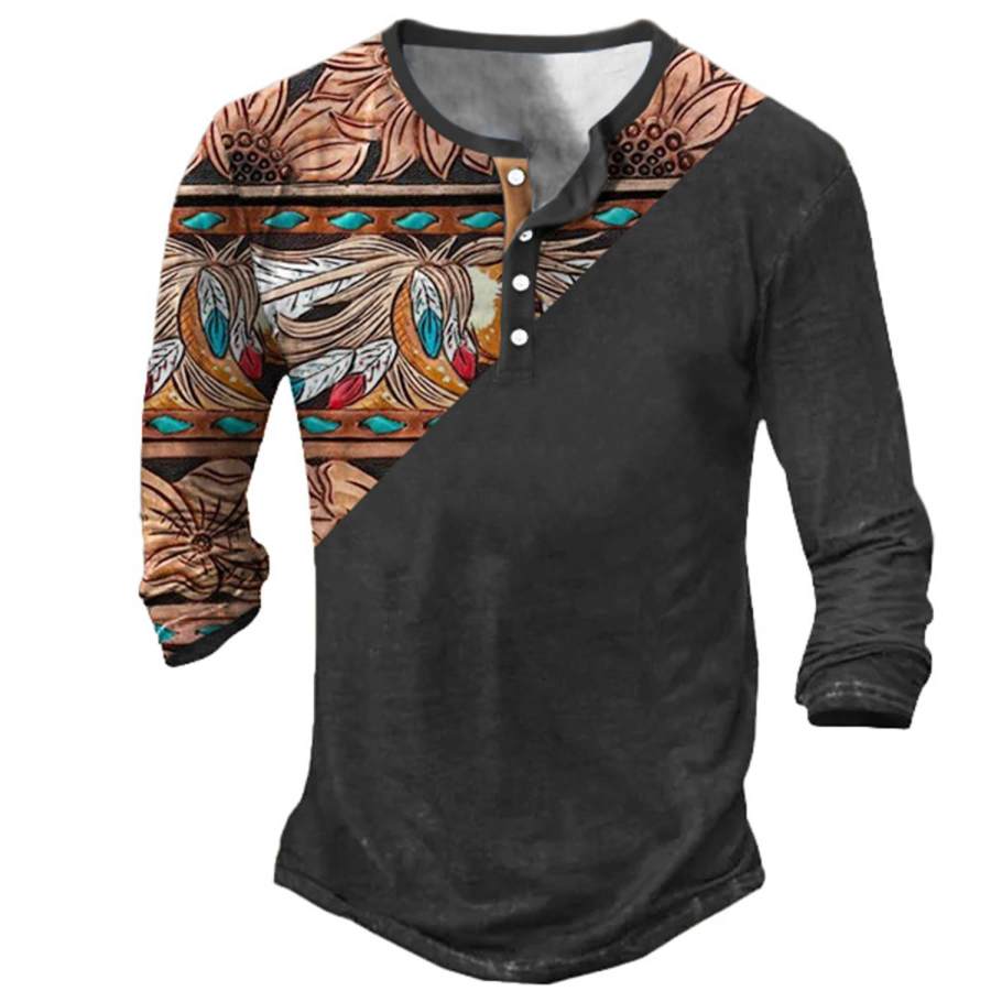 

Men's Vintage Western Ethnic Henley T-Shirt