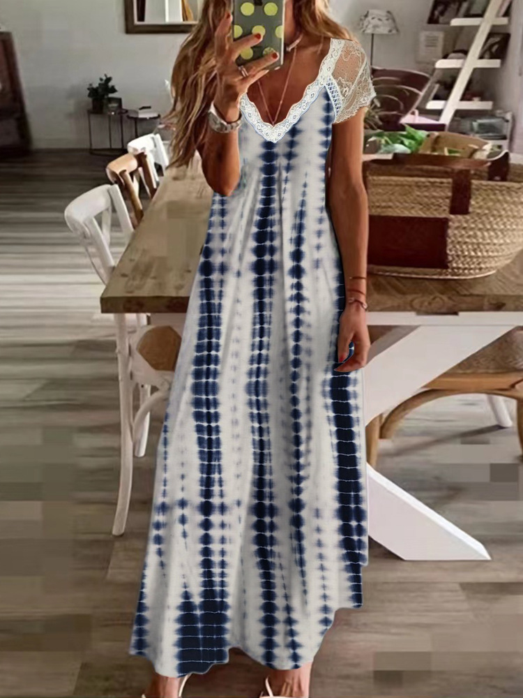 V neck Casual Loose Printed Vacation Short Sleeve Lace Maxi Dress