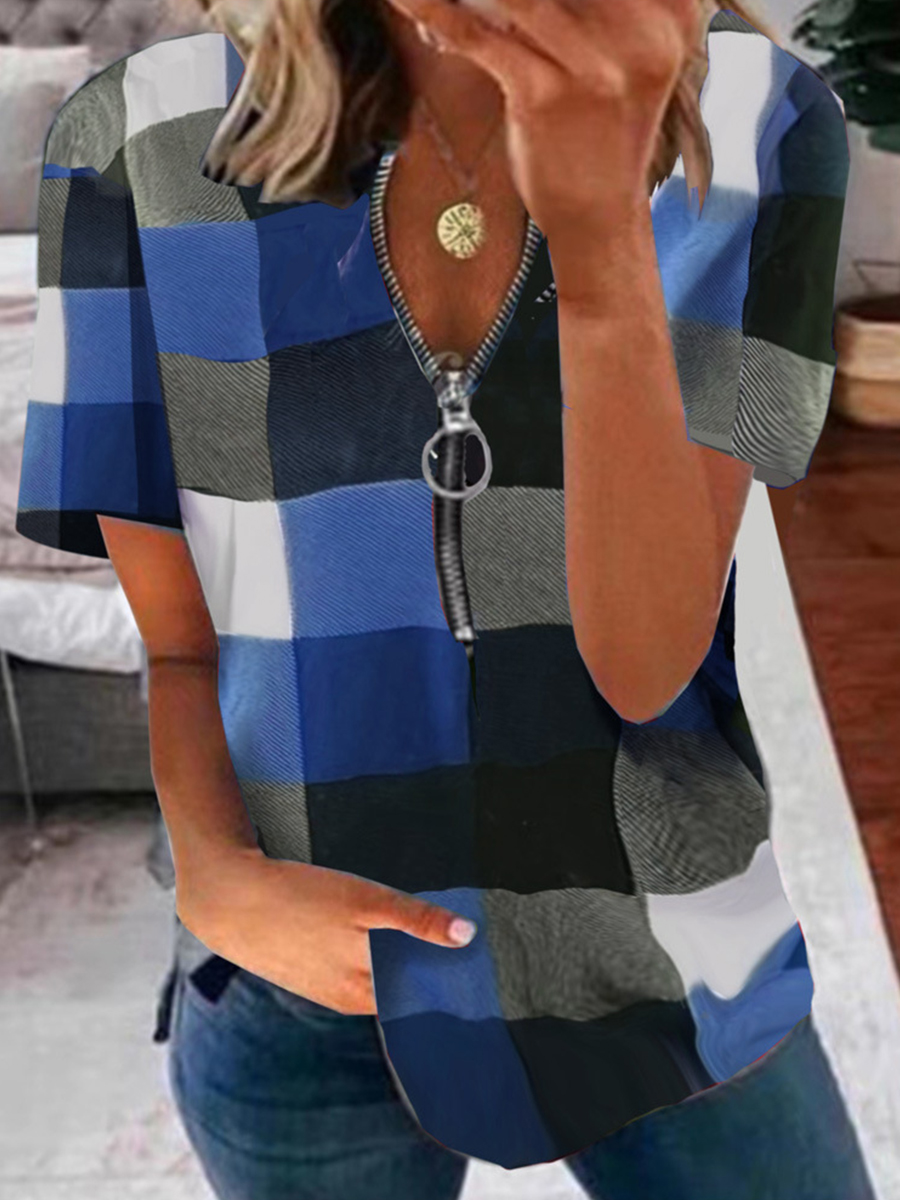 Plaid Short Sleeves Zipper Casual T-shirt