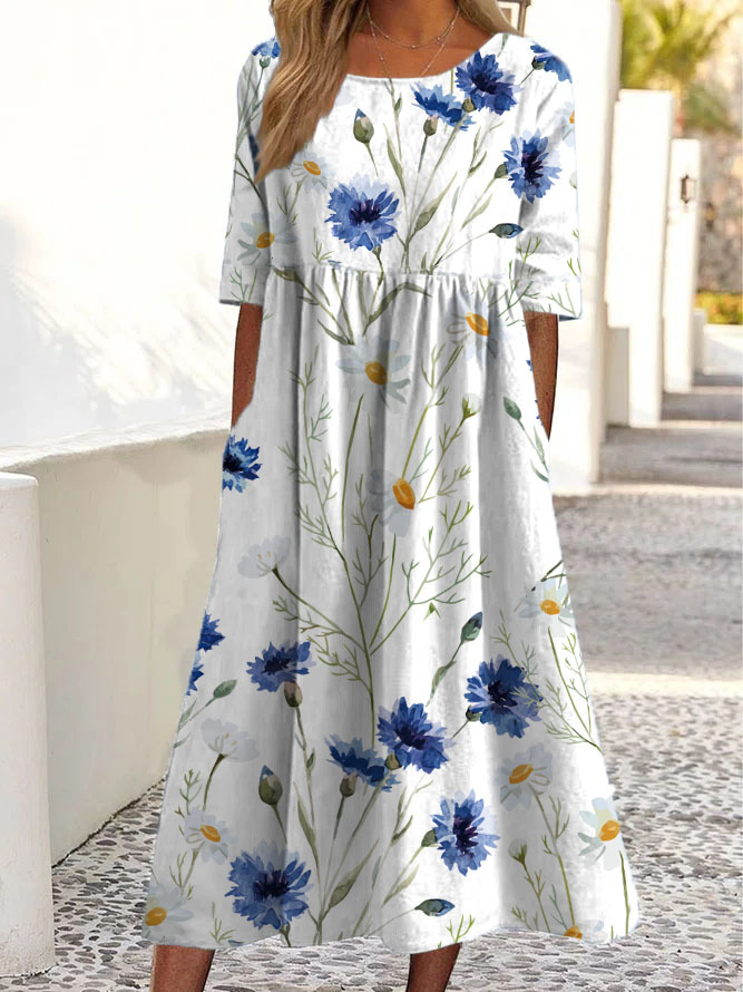 Round Neck Casual Loose Floral Print Short Sleeve Midi Dress