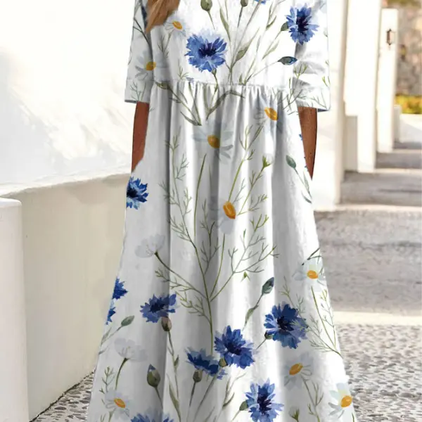 Round Neck Casual Loose Floral Print Short Sleeve Midi Dress - Blaroken.com 