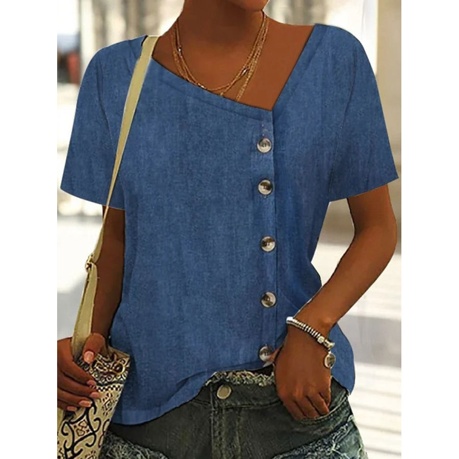 

V-Neck Casual Loose Denim Single-Breasted Short-Sleeved Blouse
