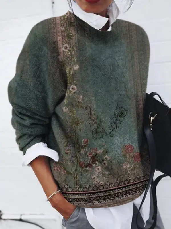 Stand Collar Loose Slouchy Floral Print Sweater Pullover - Realyiyi.com 