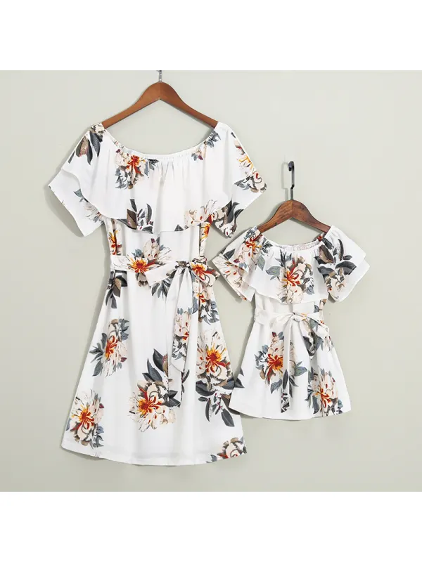 Mom Girl Falbala Self Tie Bowknot Flower Pattern Matching Dress - Smilemay.chimpone.com 