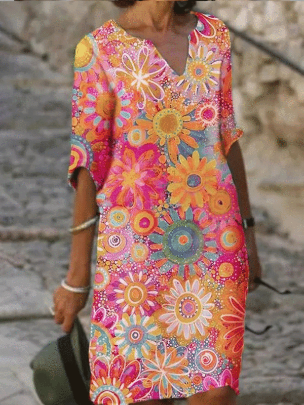Fashion Floral Print V-neck Short Sleeve Shift Dress - Realyiyi.com