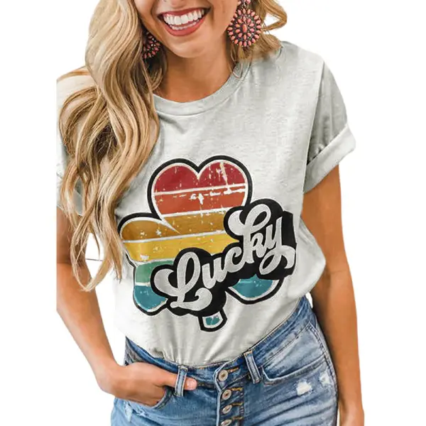 Shiying lucky short-sleeved t-shirt women European and American summer Amazon new letter four-leaf clover print round neck top women - Godeskplus.com 
