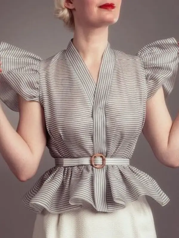 Women's Elegant Striped Ruffle Design Shirt - Buildernice.com 
